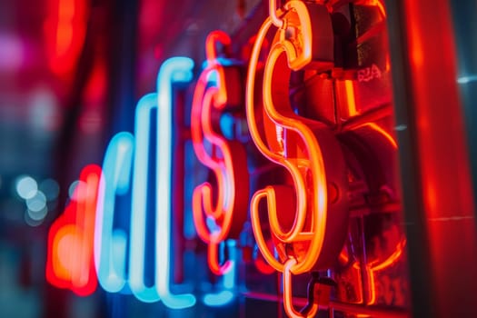 Close-up of a dollar sign on a neon signboard, financial concept