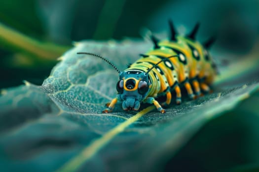 Close up of a caterpillar munching on a leaf, showcasing the role of insects in food chains