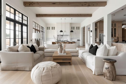 Coastal modern farmhouse living room with light wood floors and neutral tones