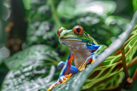 Close up of a colorful frog perched on a leaf, symbolizing biodiversity in rainforest ecosystems