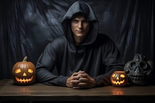 A hooded Caucasian man sitting at the table with clasped hands and with carved pumpkin lanterns in a spooky Halloween setting with black curtain at the background