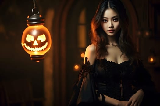 Mysterious young adult Asian woman in black dress with glowing jack-o'-lantern. Spooky and enchanting Halloween scene.