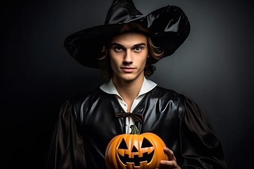 A young adult Caucasian man is dressed in a witch costume, holding a Jackolantern, ideal for Halloweenthemed content and media