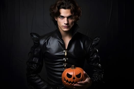 Mysterious young adult Caucasian man in black attire holding a carved pumpkin, perfect for Halloween and dark fantasy themes.