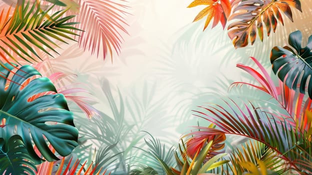 A colorful tropical scene with palm trees and leaves. The image is a beautiful and vibrant representation of a lush, tropical environment