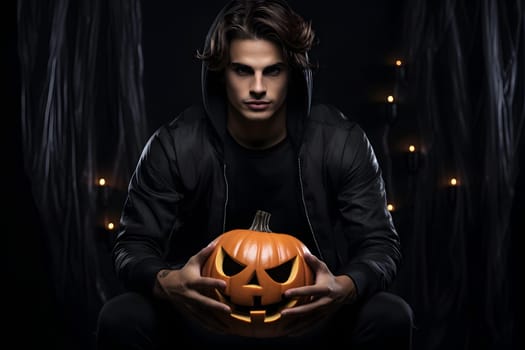 Young adult Caucasian man holding a glowing jack-o'-lantern, wearing dark clothing, Halloween theme, with dark, eerie background.