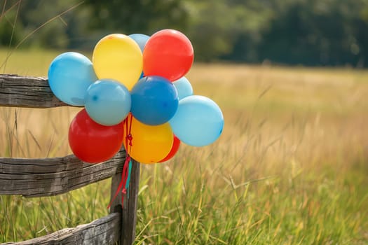 Colorful balloons tied to a wooden fence at a country fair, adding a festive touch