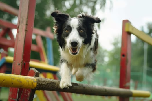 Confident dog successfully completing an agility course