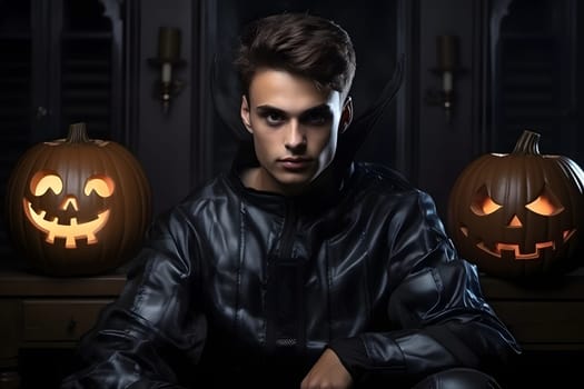 A young adult attractive Caucasian man in a dark costume, flanked by two jack-o'-lanterns, set against an atmospheric Halloween night.