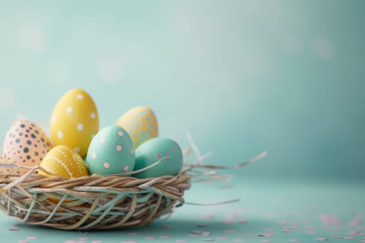Colorful Easter eggs arranged in a basket against a pastel background