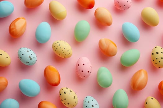 Colorful Easter eggs arranged in a pattern against a pastel backdrop