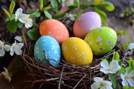 Colorful Easter eggs arranged in a nest with spring blossoms