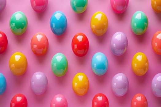 Colorful Easter eggs arranged in a pattern against a vibrant backdrop