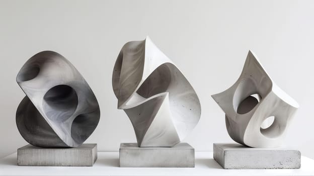 Three sculptures made of concrete, one of which is a cube. The sculptures are placed on a white surface