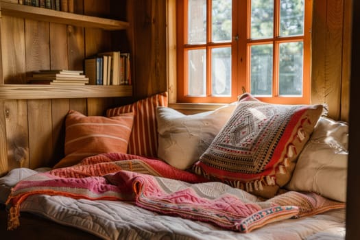 Cozy reading nook with soft blankets and cushions, providing a peaceful space for stress relief