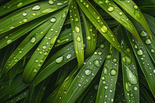 Crystal-clear water droplets glistening on the leaves of a tropical plant