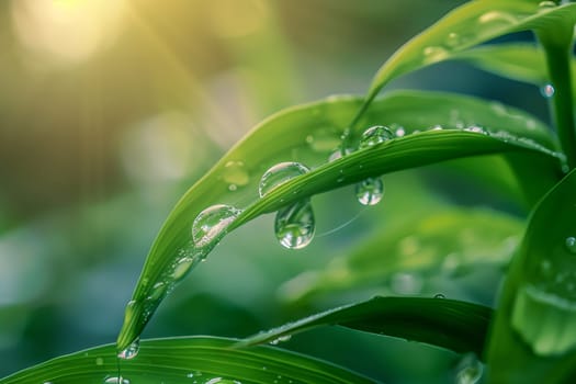 Crystal-clear water droplets cascading down from a lush green leaf