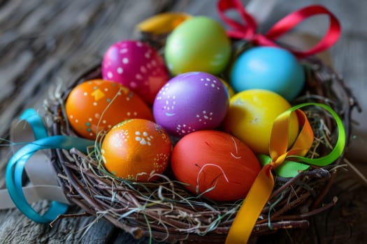 Colorful Easter eggs arranged in a decorative nest with ribbon accents