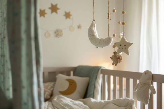 Cozy baby nursery with a soothing lullaby mobile hanging above the crib, creating a calming atmosphere