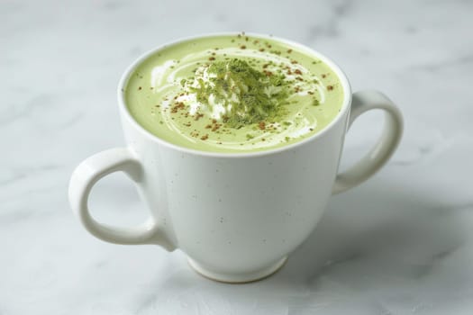 A white cup with green powder on top of it. The cup is full and has a creamy texture