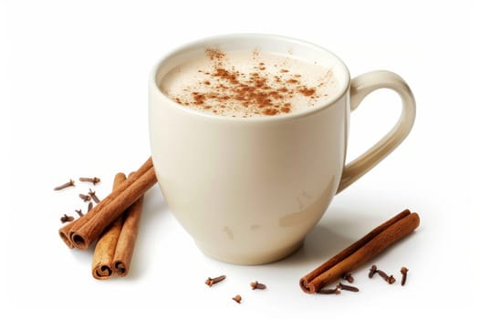 A white mug with cinnamon sticks and a white foam on top. The mug is filled with a warm beverage