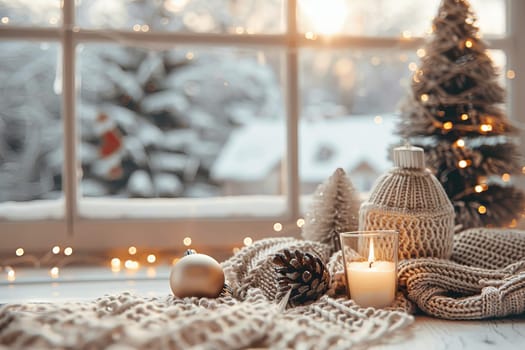 Cozy Christmas scene on a soft transparent white surface, evoking warmth and joy