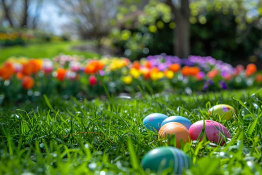 Easter egg hunt in a flower-filled garden with bright blooms