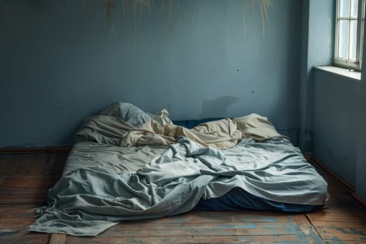 Empty bed with rumpled sheets, symbolizing the restlessness of insomnia