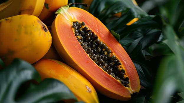 A ripe orange with a small hole in the middle. The fruit is surrounded by other oranges. Concept of abundance and freshness
