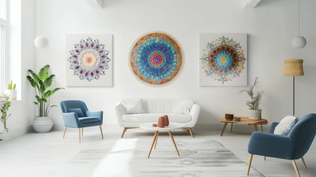 Enchanting mandala artworks adding a touch of magic to a minimalist white setting