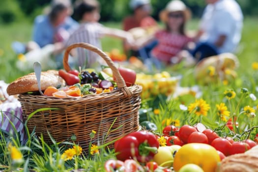 Family enjoying a picnic with fresh fruits, vegetables, and whole grain sandwiches