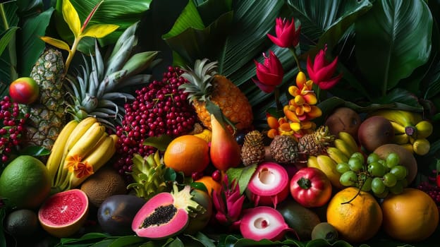 A colorful assortment of fruits and s, including bananas, oranges, and pears. Concept of abundance and freshness, with the vibrant colors of the produce creating a lively