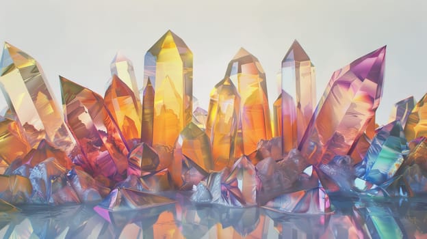 Faceted crystal formations reflecting light and color on a pure white canvas