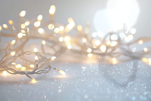 Festive Christmas lights against a soft transparent white surface, evoking holiday spirit