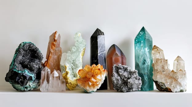 Exotic gemstone specimens offering a glimpse into the wonders of the earth against a minimalist white canvas
