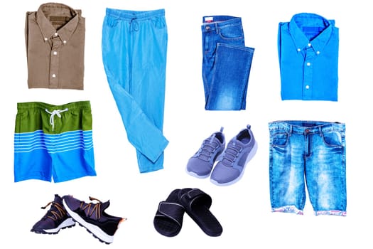 Collage set of little boys summer clothes isolated. Denim trousers and shorts, sneaker, shirts, pants and shoes for child boy. Children's spring fashion.