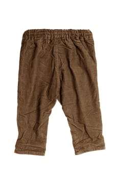 Children pants isolated. Closeup of sepia brown denim pants isolated on a white background. Sporty fashion for kids. Front and back view.