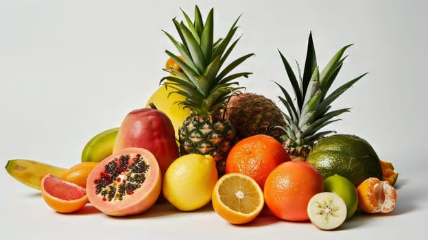 A pile of fruit including oranges, apples, and bananas