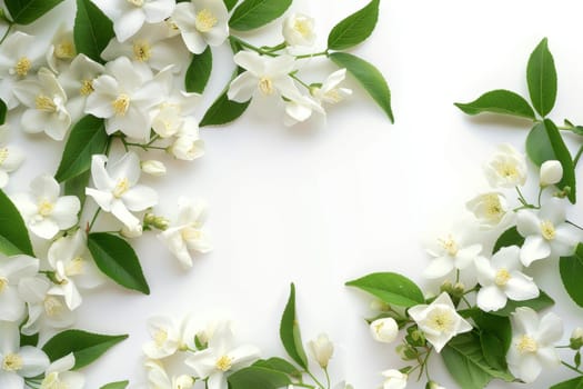 A white flower with green leaves is the main focus of the image. The flower is surrounded by many other flowers