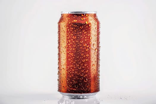A can of soda is sitting on a white surface with condensation on the outside