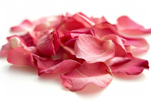 A pile of pink petals on a white background. The petals are scattered and appear to be from a flower