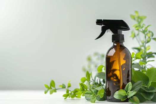 Garden insecticide spray bottle on a soft transparent white backdrop, evoking garden care