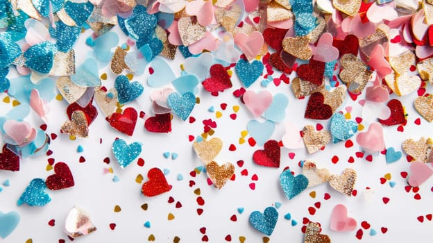 Glittery confetti hearts in various colors creating a romantic ambiance against white
