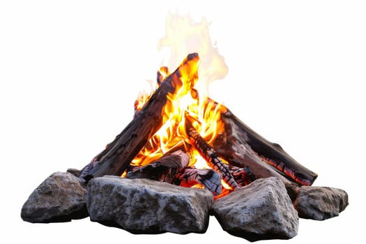 Glowing campfire with vibrant flames against a transparent white backdrop, ideal for outdoor camping scenes