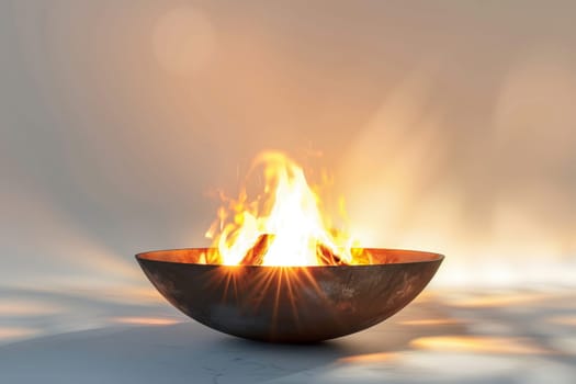 A fire is burning in a large metal bowl. The bowl is surrounded by a white background