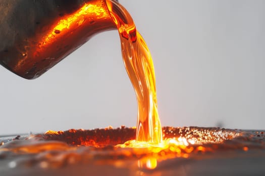 A pitcher of liquid is poured into a cup, creating a stream of liquid that is hot and glowing