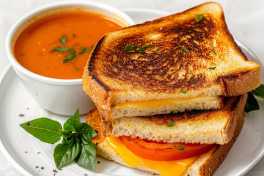 Grilled cheese sandwich with tomato soup on a transparent white backdrop