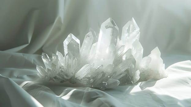 Glowing crystal formations casting ethereal shadows against a minimalist white canvas