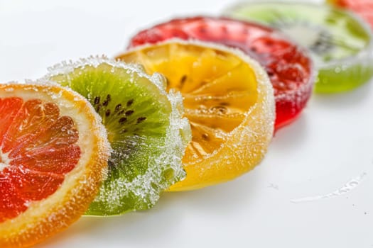 Frozen fruit slices with frosty edges on a transparent white surface, ideal for healthy lifestyle concepts