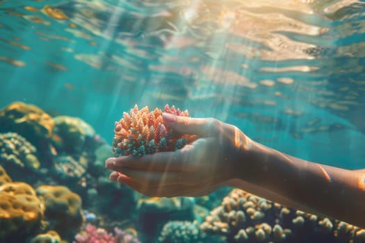 Hands holding a delicate coral reef underwater, highlighting the fragility of marine ecosystems